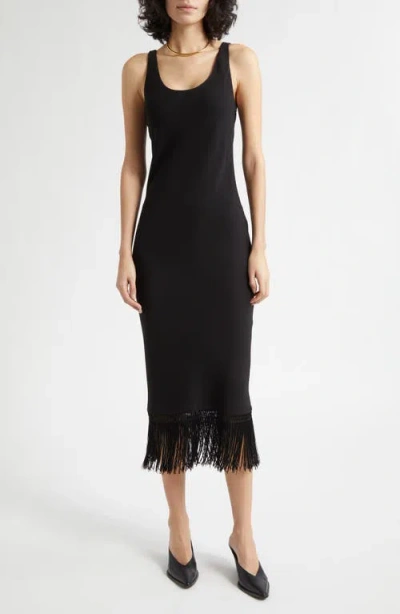 Posse Bianca Fringe Hem Midi Dress In Black