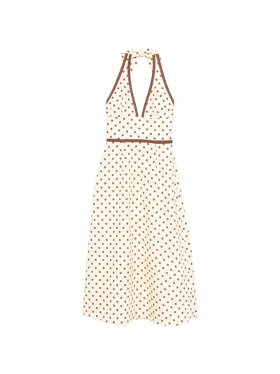 Posse Bowie Polka-dot Linen And Cotton-blend Halterneck Midi Dress In Yellow