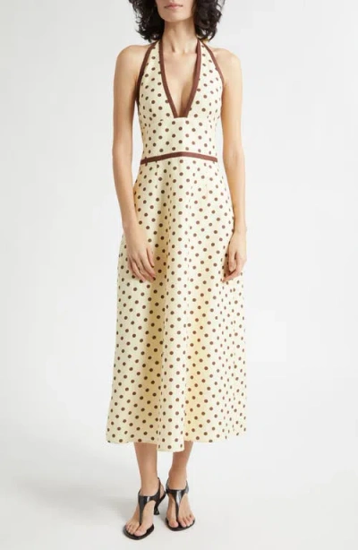 Posse Bowie Polka-dot Linen And Cotton-blend Halterneck Midi Dress In Yellow