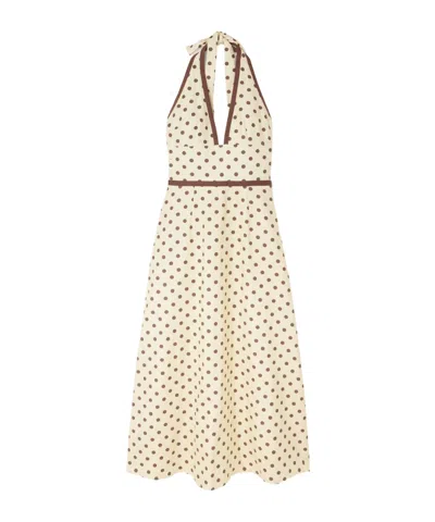 Posse Bowie Polka-dot Linen And Cotton-blend Halterneck Midi Dress In Brown