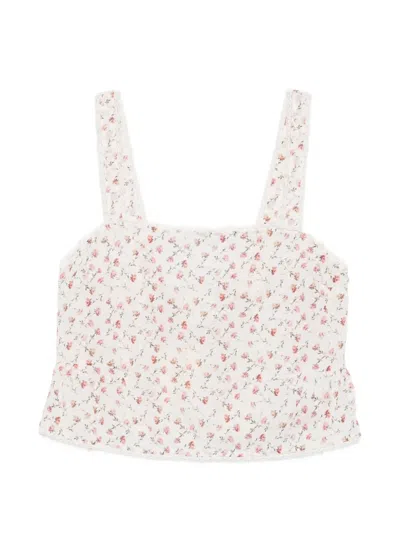 Posse Charlotte Floral-print Lace-trim Cotton Tank Top In Brown