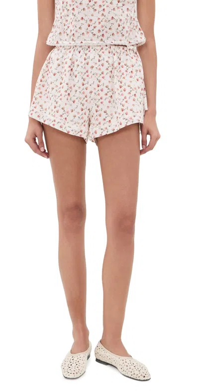 Posse Charlotte Lace-trimmed Floral-print Cotton Shorts In White