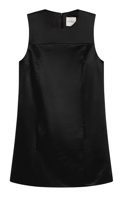 Posse Chester Cotton-silk Shift Mini Dress In Black