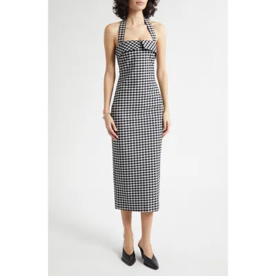 Posse Chiara Checked Cotton-blend Halterneck Midi Dress In Blue