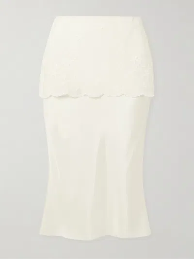Posse Cove Layered Embroidered Tulle-trimmed Silk-blend Midi Skirt In Neutral