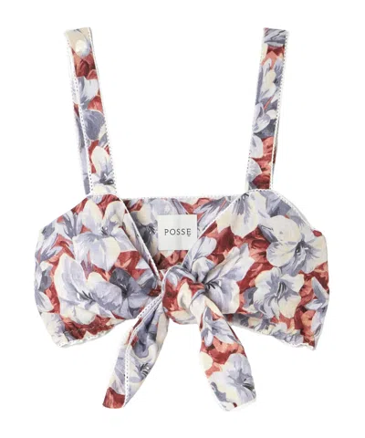 Posse Luna Cropped Lace-trimmed Floral-print Linen Top In Gray
