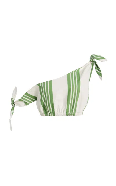 Posse Exclusive La Isla Rosie Off-the-shoulder Striped Cotton Crop Top In Green