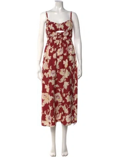 Pre-owned Posse Floral Print Midi Length Dress In Burgundy