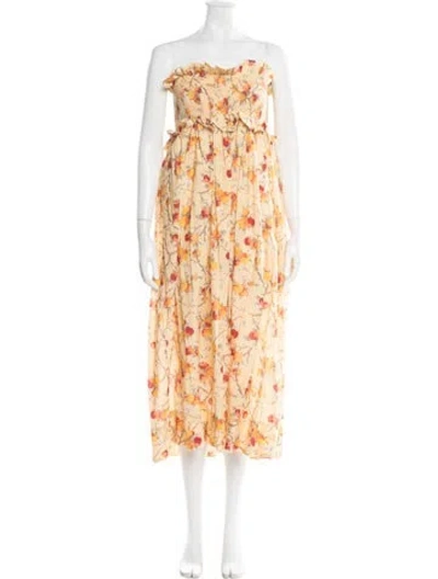 Pre-owned Posse Floral Print Midi Length Dress In Yellow