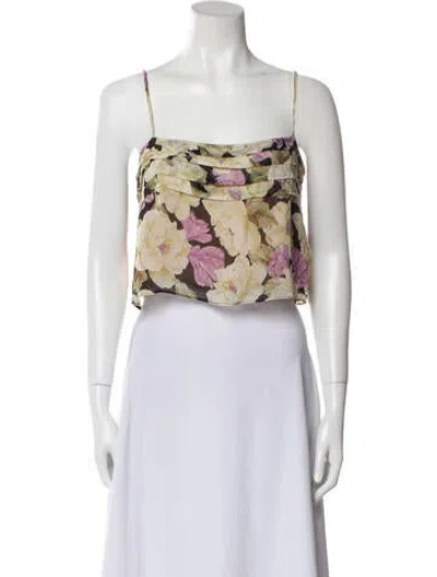 Pre-owned Posse Floral Print Square Neckline Crop Top In Brown