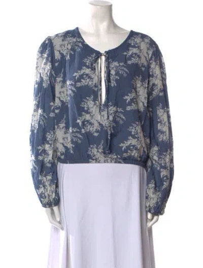 Pre-owned Posse Floral Print Tie Neck Blouse In Blue