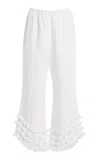 Posse Florence Ruffle Detail Crop Linen Pants In White