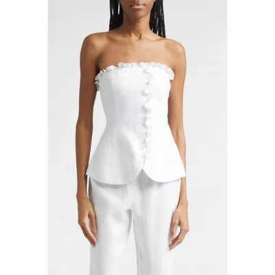 Posse Florence Strapless Ruffle Trim Linen Peplum Top In White