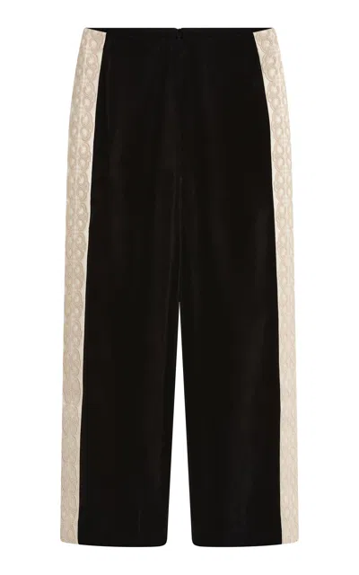 Posse Florian Embroidered Trim Velvet Cropped Pants In Black