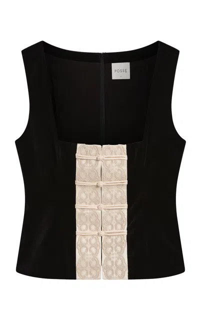 Posse Florian Embroidered Trim Velvet Top In Black