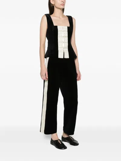 Posse Florian Embroidered Satin-trimmed Cotton-velvet Top In Black