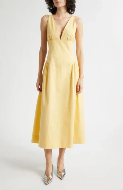 Posse Lindie Plunge Neck Basque Waist Cotton Dress In Yellow