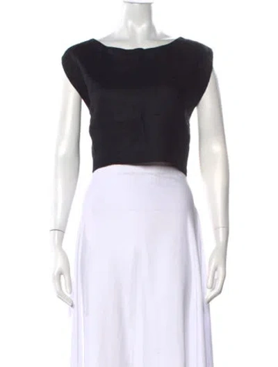Pre-owned Posse Linen Bateau Neckline Crop Top In Black