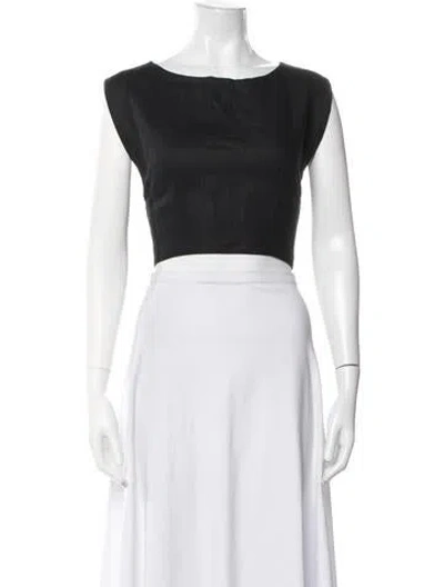 Pre-owned Posse Linen Bateau Neckline Crop Top In Black