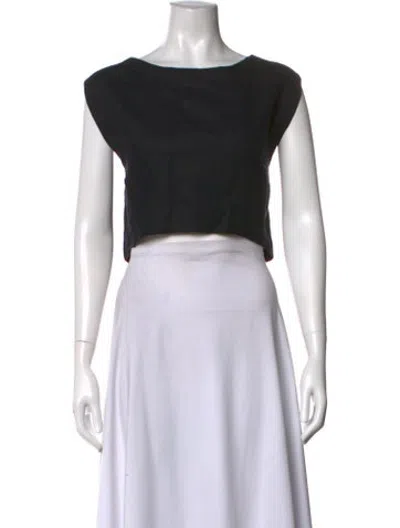 Pre-owned Posse Linen Bateau Neckline Crop Top In Black