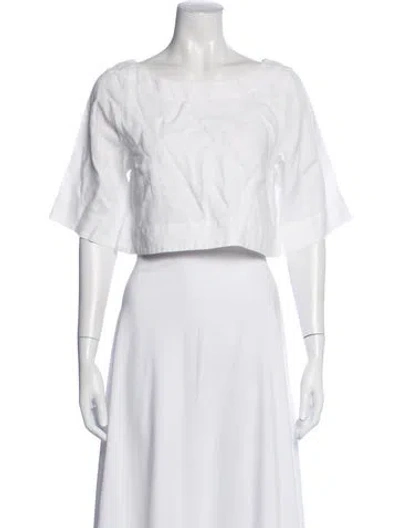 Pre-owned Posse Linen Bateau Neckline Crop Top In White