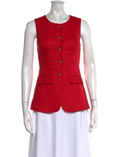 Pre-owned Posse Linen Crew Neck Button-up Top In Red