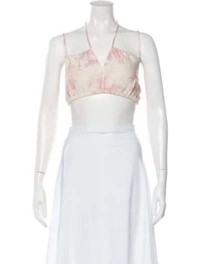 Pre-owned Posse Linen Floral Print Crop Top In White