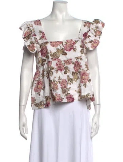 Pre-owned Posse Linen Floral Print Top In White