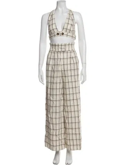 Pre-owned Posse Linen Plaid Print Pant Set In Neutrals