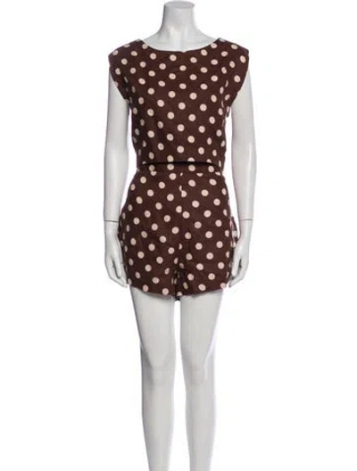 Pre-owned Posse Linen Polka Dot Print Short Set In Brown