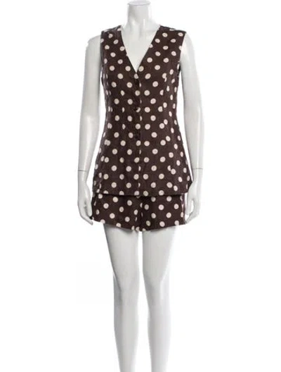 Pre-owned Posse Linen Polka Dot Print Short Set In Brown