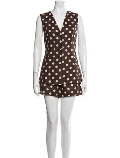 Pre-owned Posse Linen Polka Dot Print Short Set In Brown