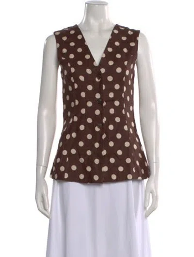 Pre-owned Posse Linen Polka Dot Print Top In Brown