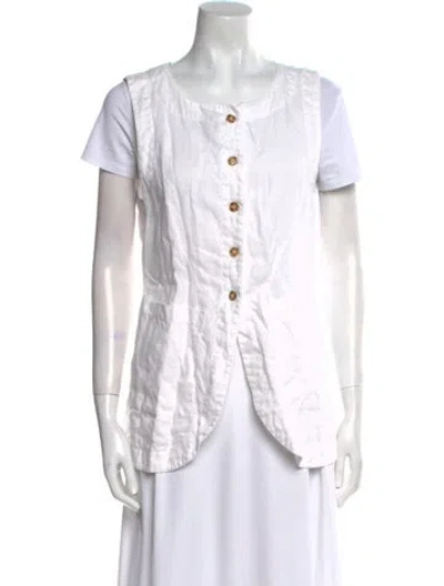 Pre-owned Posse Linen Scoop Neck Button-up Top In White