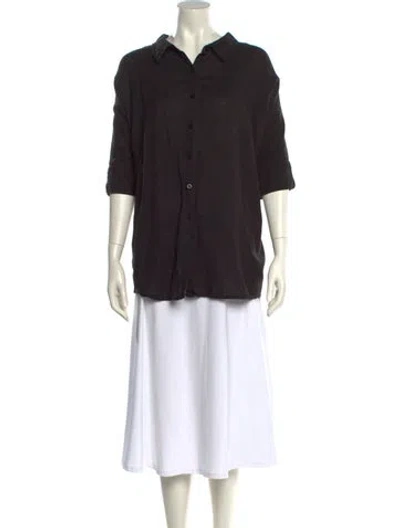Pre-owned Posse Linen Three-quarter Sleeve Button-up Top In Black