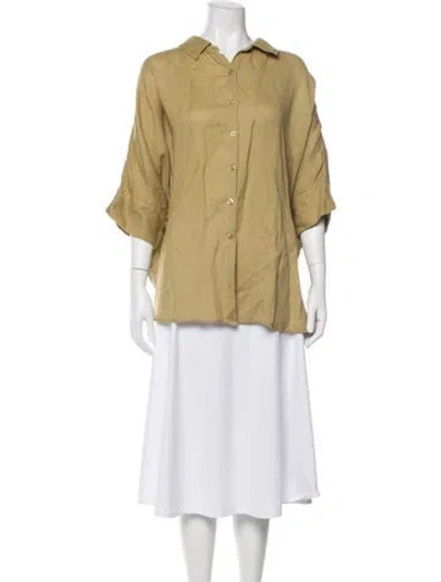 Pre-owned Posse Linen Three-quarter Sleeve Button-up Top In Green