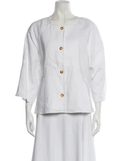 Pre-owned Posse Linen Three-quarter Sleeve Button-up Top In White