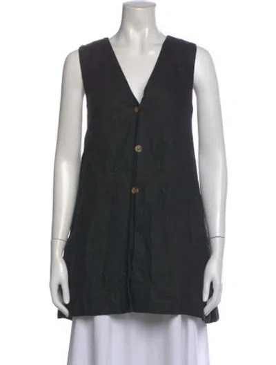 Pre-owned Posse Linen V-neck Button-up Top In Black