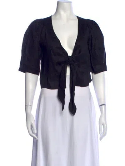 Pre-owned Posse Linen V-neck Crop Top In Black