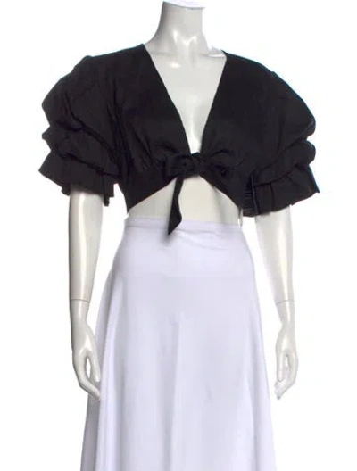 Pre-owned Posse Linen V-neck Crop Top In Black