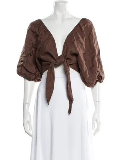 Pre-owned Posse Linen V-neck Crop Top In Brown