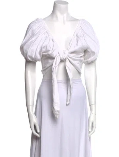 Pre-owned Posse Linen V-neck Crop Top In White