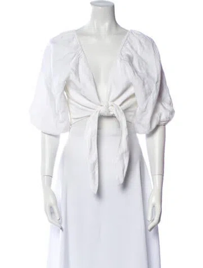 Pre-owned Posse Linen V-neck Crop Top In White