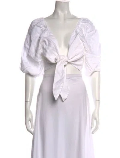Pre-owned Posse Linen V-neck Crop Top In White