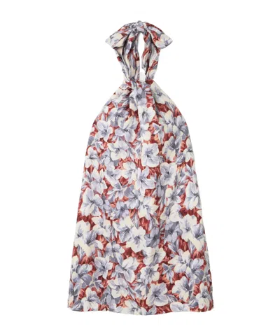 Posse Luna Pleated Floral-print Linen Halterneck Mini Dress In White