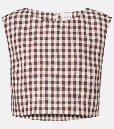Posse Martina Gingham Linen Crop Top In Brown