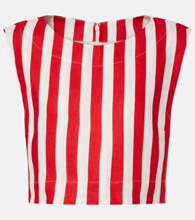 Posse Martina Striped Linen Crop Top In Red
