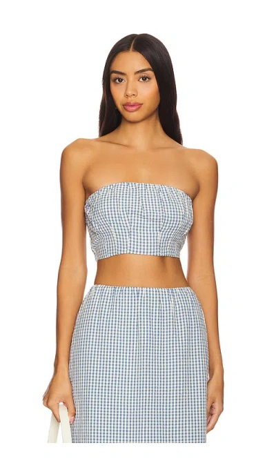 Posse Mira Strapless Crop Top In Blue & Cream Gingham