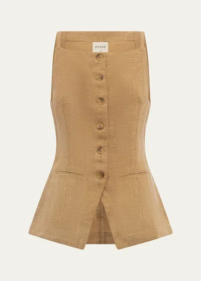 Posse Nancy Linen Peplum Gilet In Walnut