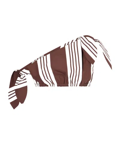 Posse Rosie One-shoulder Cropped Striped Cotton-poplin Top In Brown